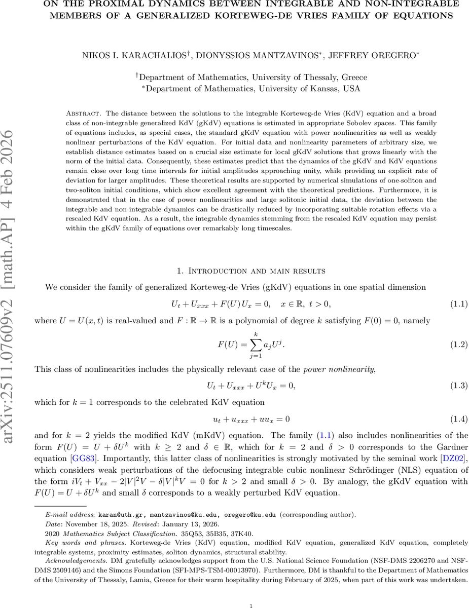On the proximal dynamics between integrable and non-integrable members of a generalized Korteweg-de Vries family of equations
