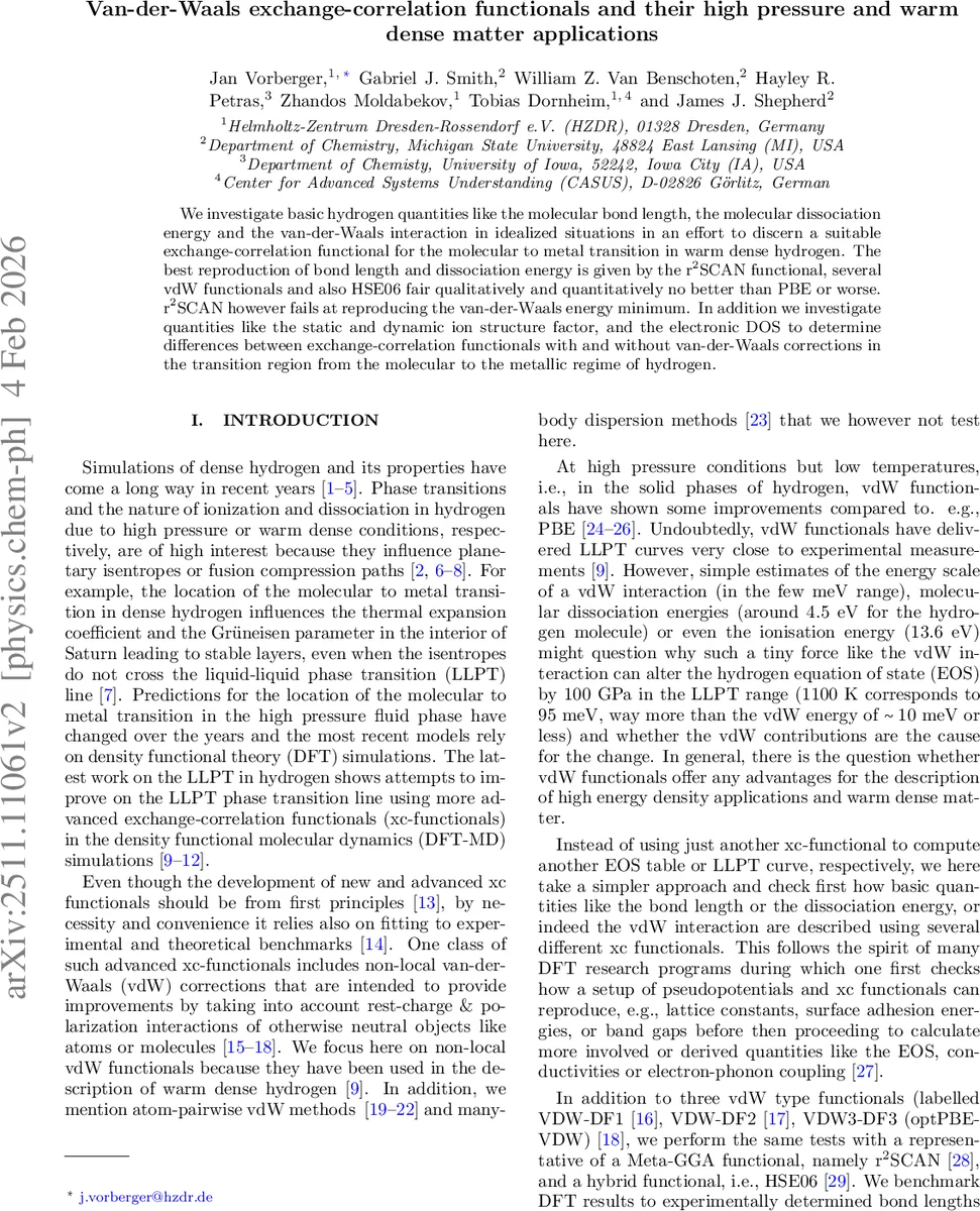 Van-der-Waals exchange-correlation functionals and their high pressure and warm dense matter applications