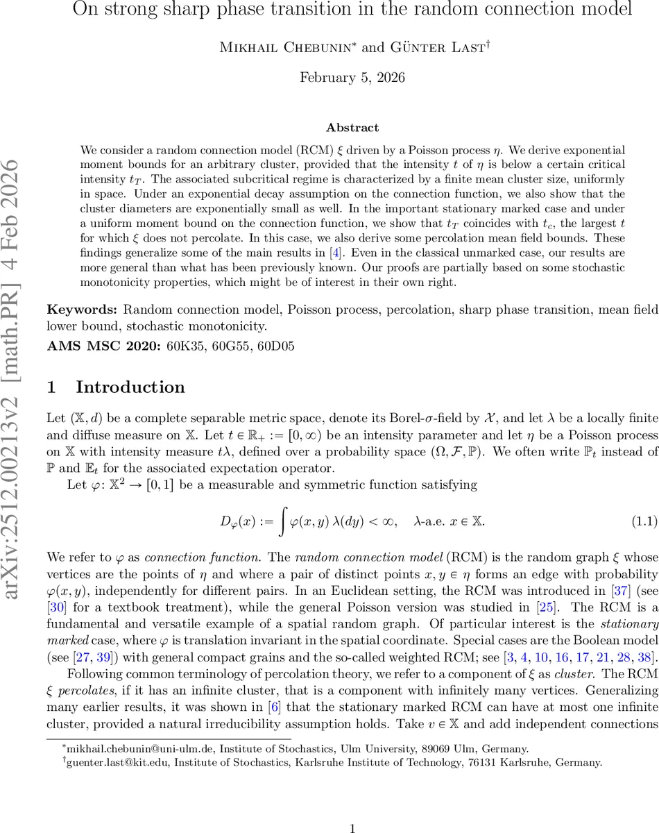 On strong sharp phase transition in the random connection model