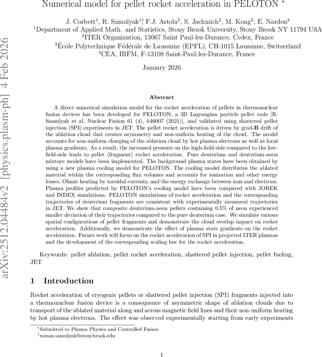Numerical model for pellet rocket acceleration in PELOTON