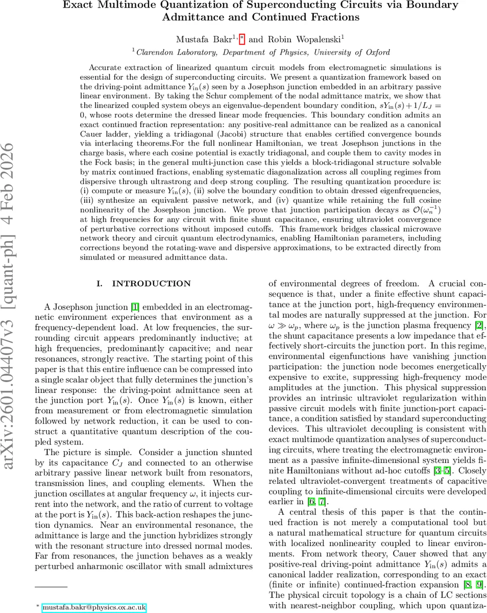 Exact Multimode Quantization of Superconducting Circuits via Boundary Admittance and Continued Fractions