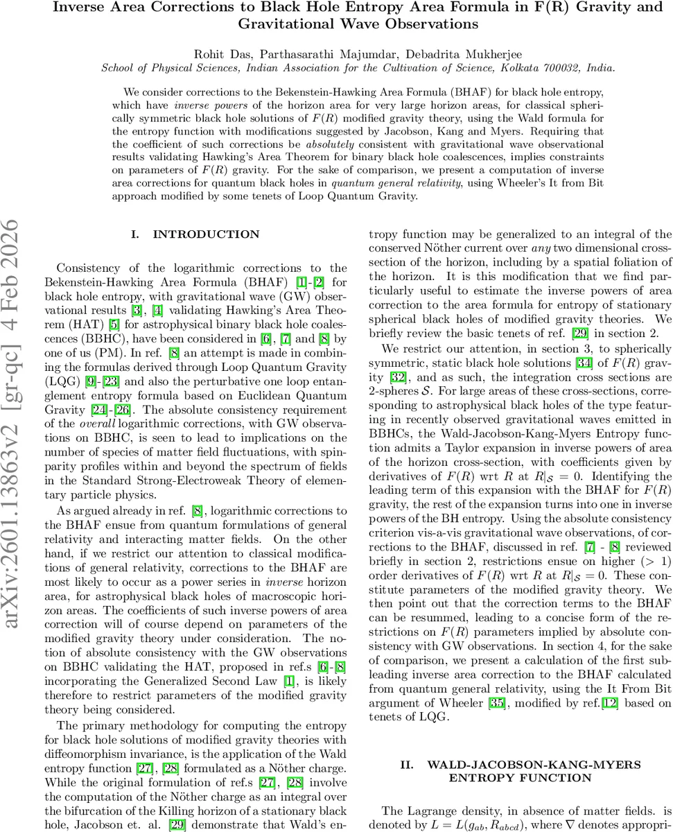 Inverse Area Corrections to Black Hole Entropy Area Formula in F(R) Gravity and Gravitational Wave Observations