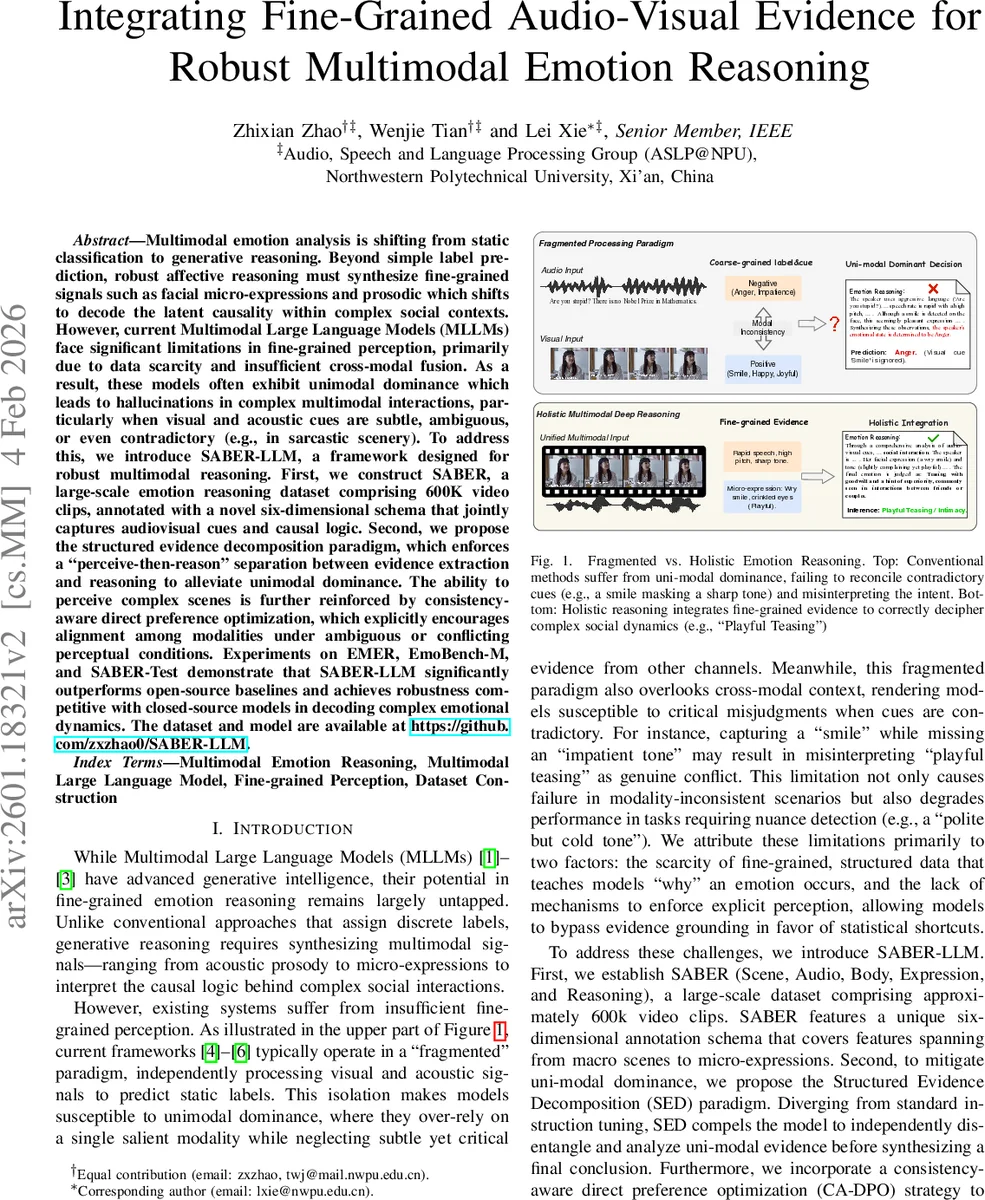 Integrating Fine-Grained Audio-Visual Evidence for Robust Multimodal Emotion Reasoning