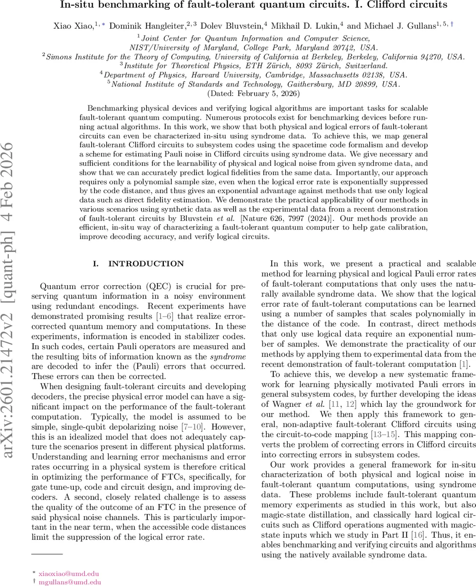 In-situ benchmarking of fault-tolerant quantum circuits. I. Clifford circuits