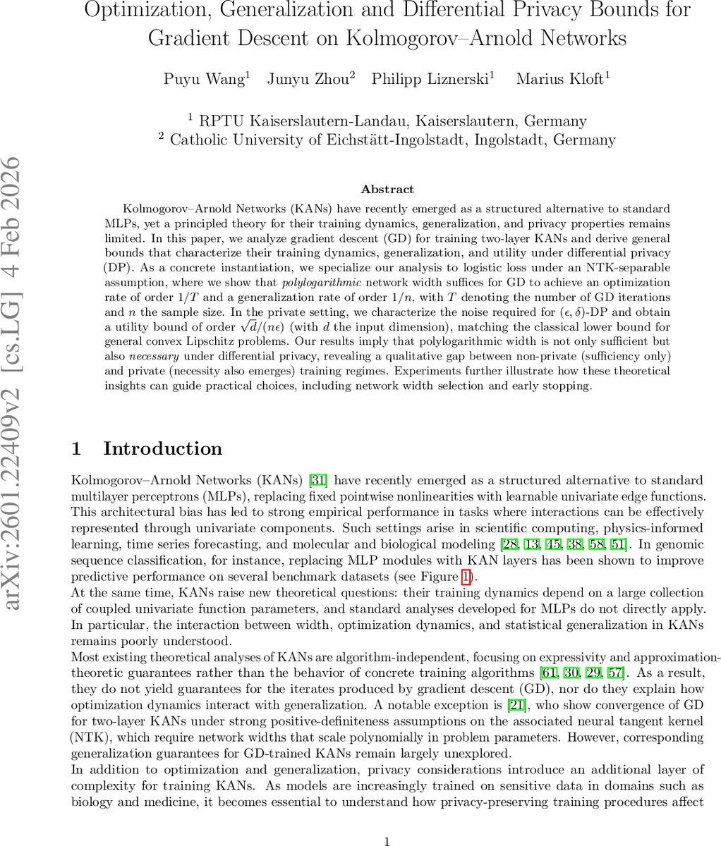 Optimization, Generalization and Differential Privacy Bounds for Gradient Descent on Kolmogorov-Arnold Networks