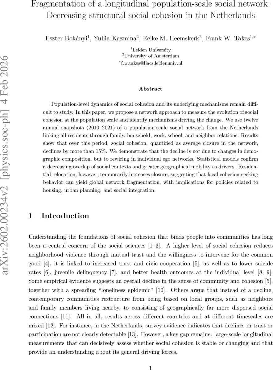 Fragmentation of a longitudinal population-scale social network: Decreasing structural social cohesion in the Netherlands