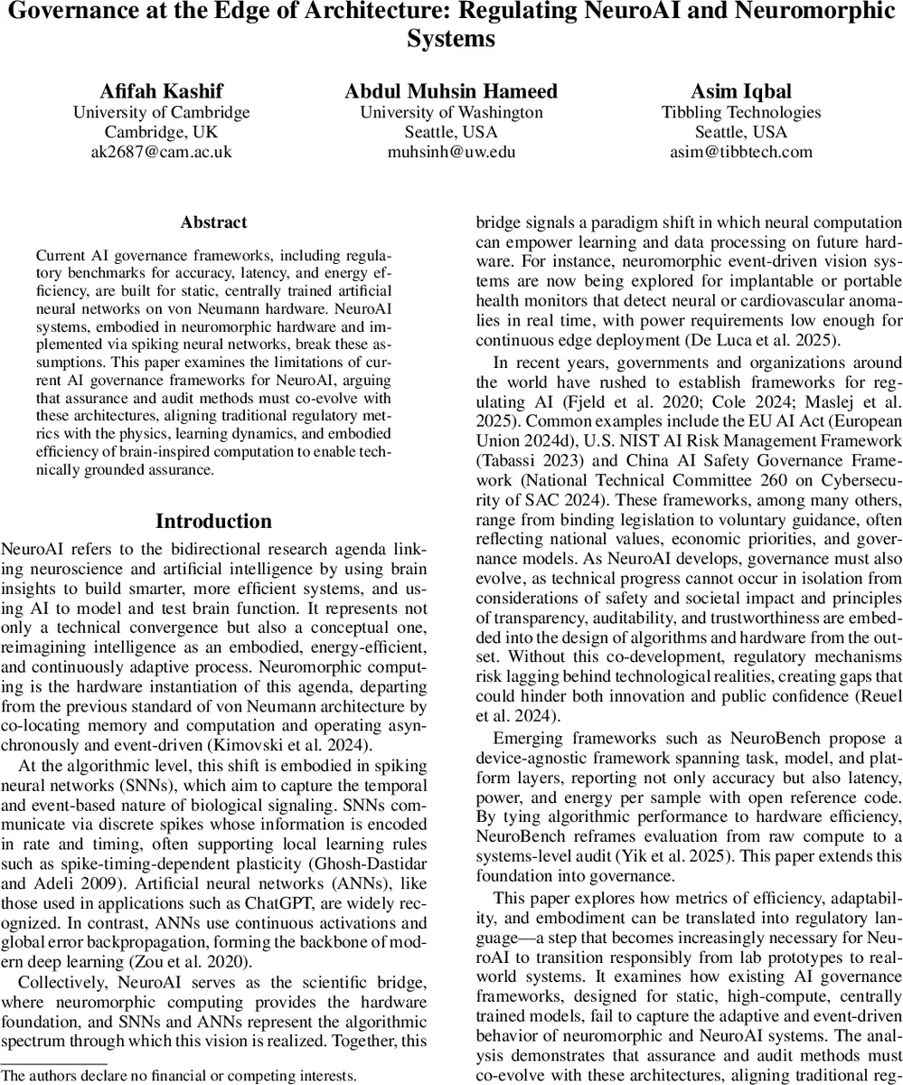 Governance at the Edge of Architecture: Regulating NeuroAI and Neuromorphic Systems