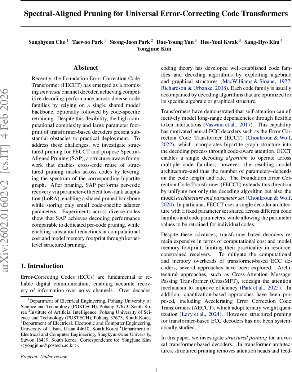 Spectral-Aligned Pruning for Universal Error-Correcting Code Transformers