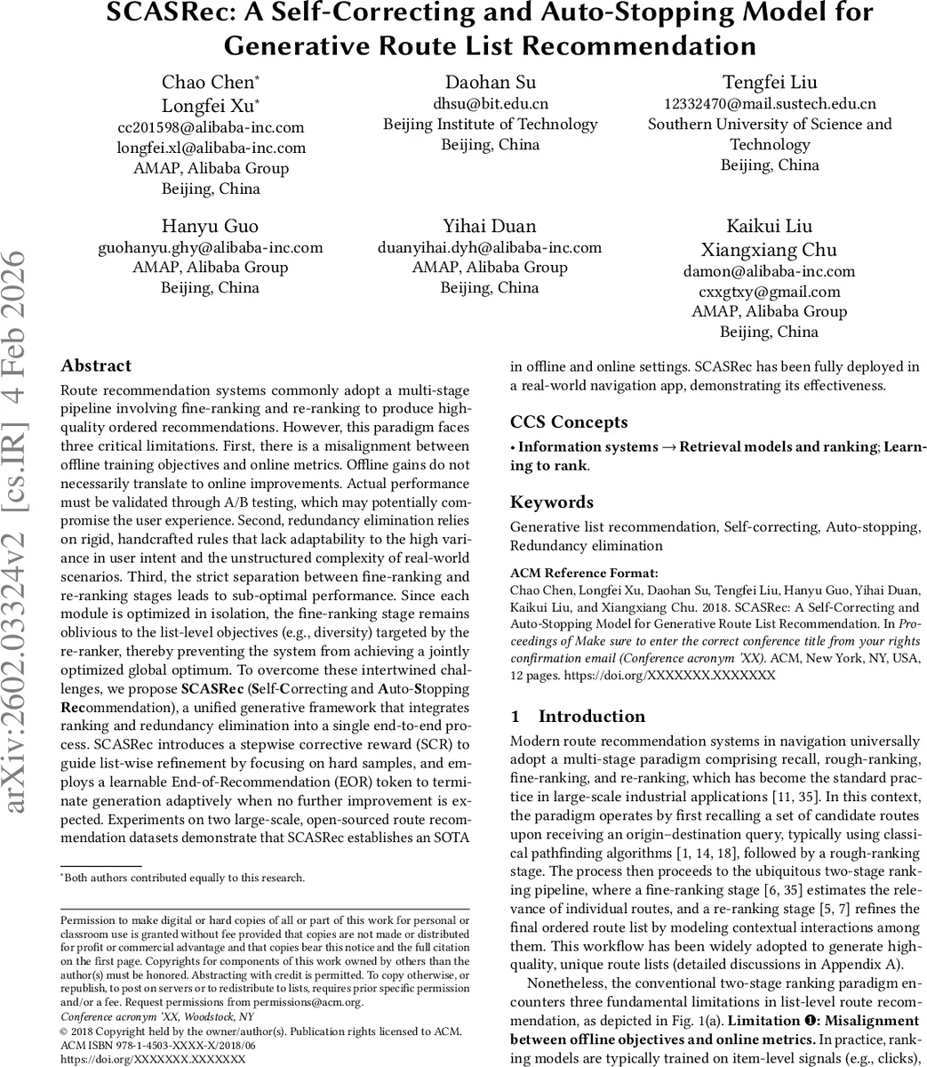 SCASRec: A Self-Correcting and Auto-Stopping Model for Generative Route List Recommendation