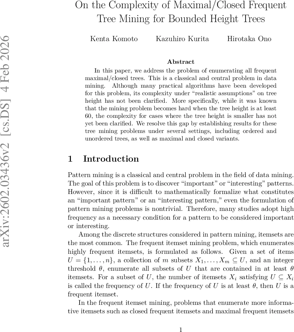 On the Complexity of Maximal/Closed Frequent Tree Mining for Bounded Height Trees