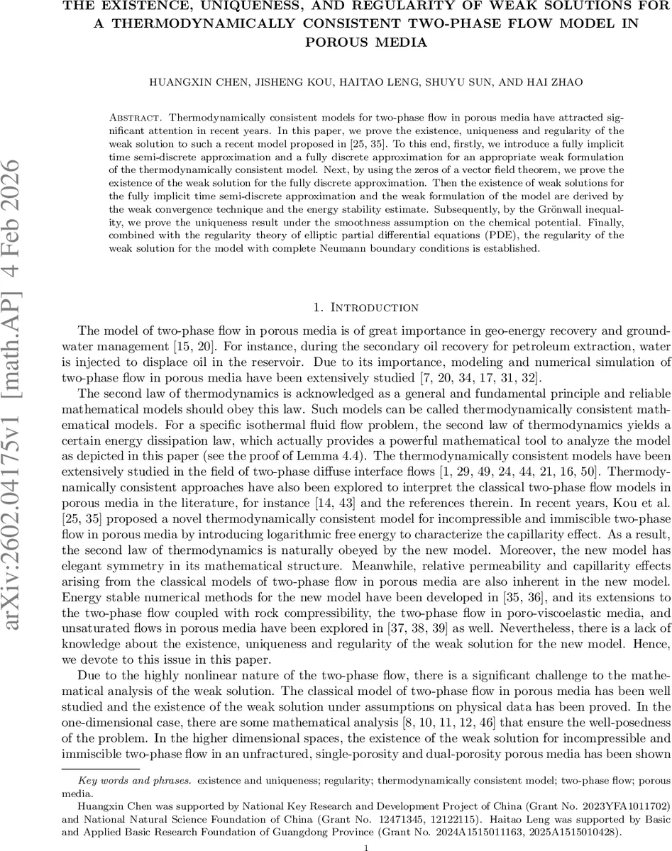 The Existence, uniqueness, and regularity of weak solutions for a thermodynamically consistent two-phase flow model in porous media