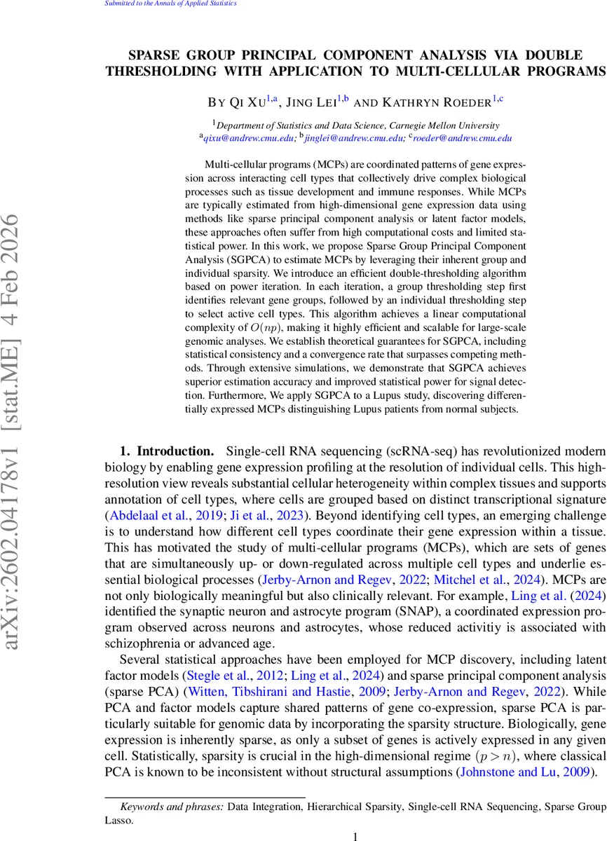 Sparse group principal component analysis via double thresholding with application to multi-cellular programs