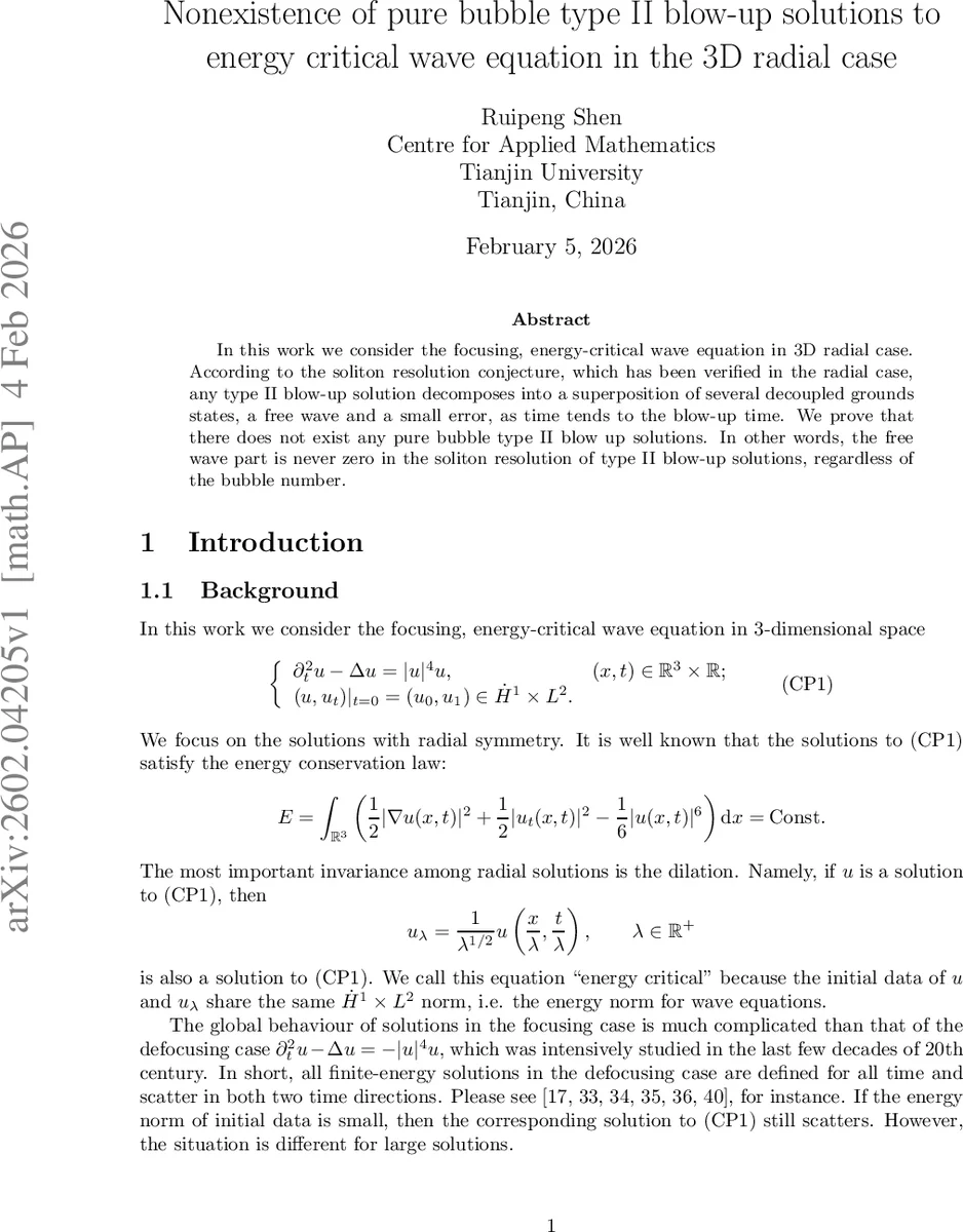 Nonexistence of pure bubble type II blow-up solutions to energy critical wave equation in the 3D radial case