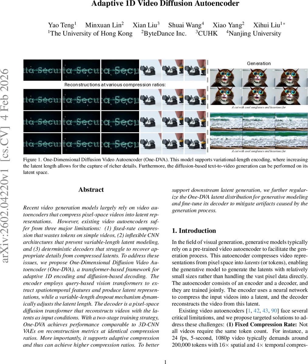 Adaptive 1D Video Diffusion Autoencoder