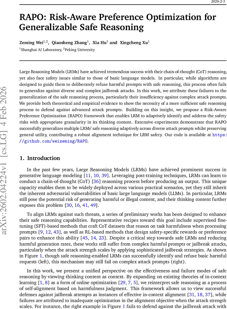 RAPO: Risk-Aware Preference Optimization for Generalizable Safe Reasoning