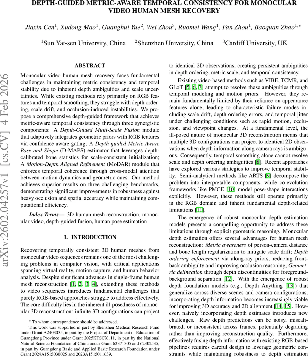 Depth-Guided Metric-Aware Temporal Consistency for Monocular Video Human Mesh Recovery