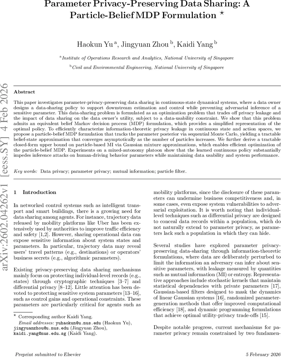 Parameter Privacy-Preserving Data Sharing: A Particle-Belief MDP Formulation