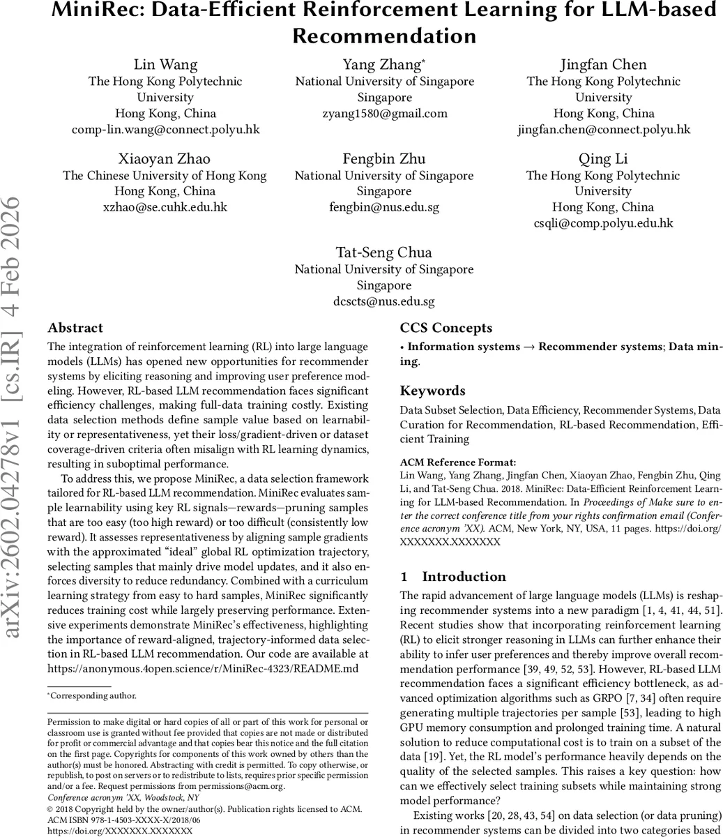 MiniRec: Data-Efficient Reinforcement Learning for LLM-based Recommendation