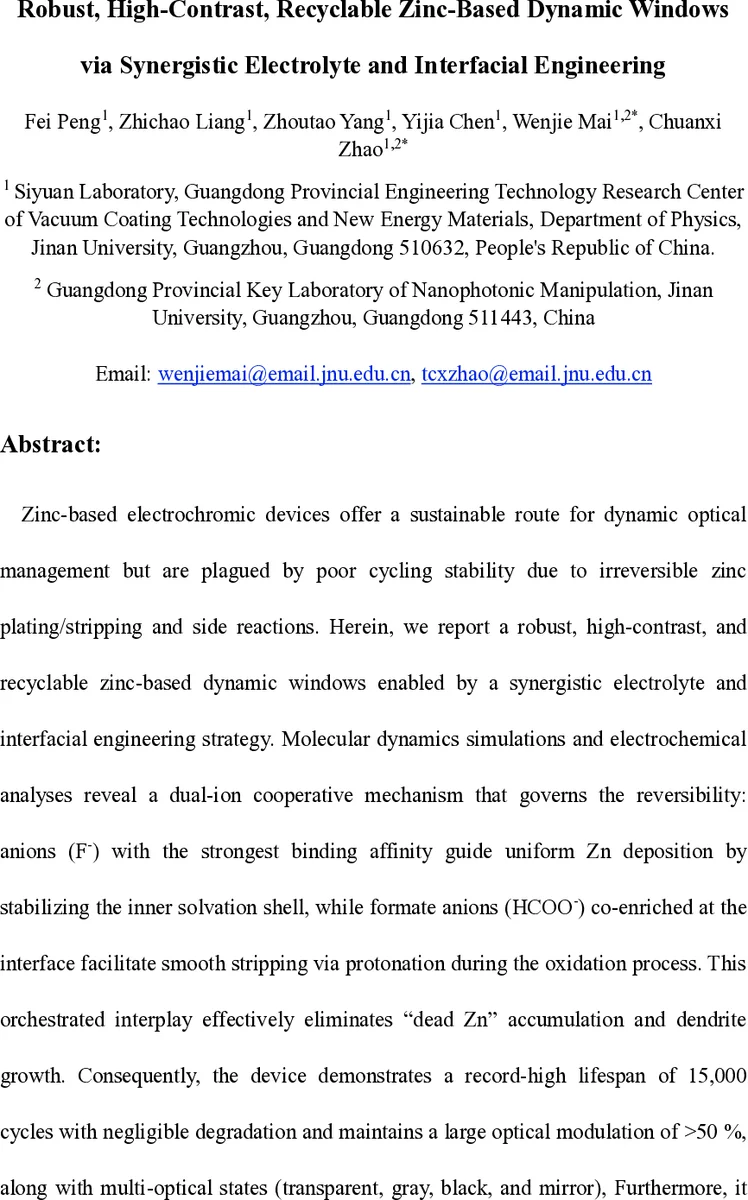 Robust, High-Contrast, Recyclable Zinc-Based Dynamic Windows via Synergistic Electrolyte and Interfacial Engineering