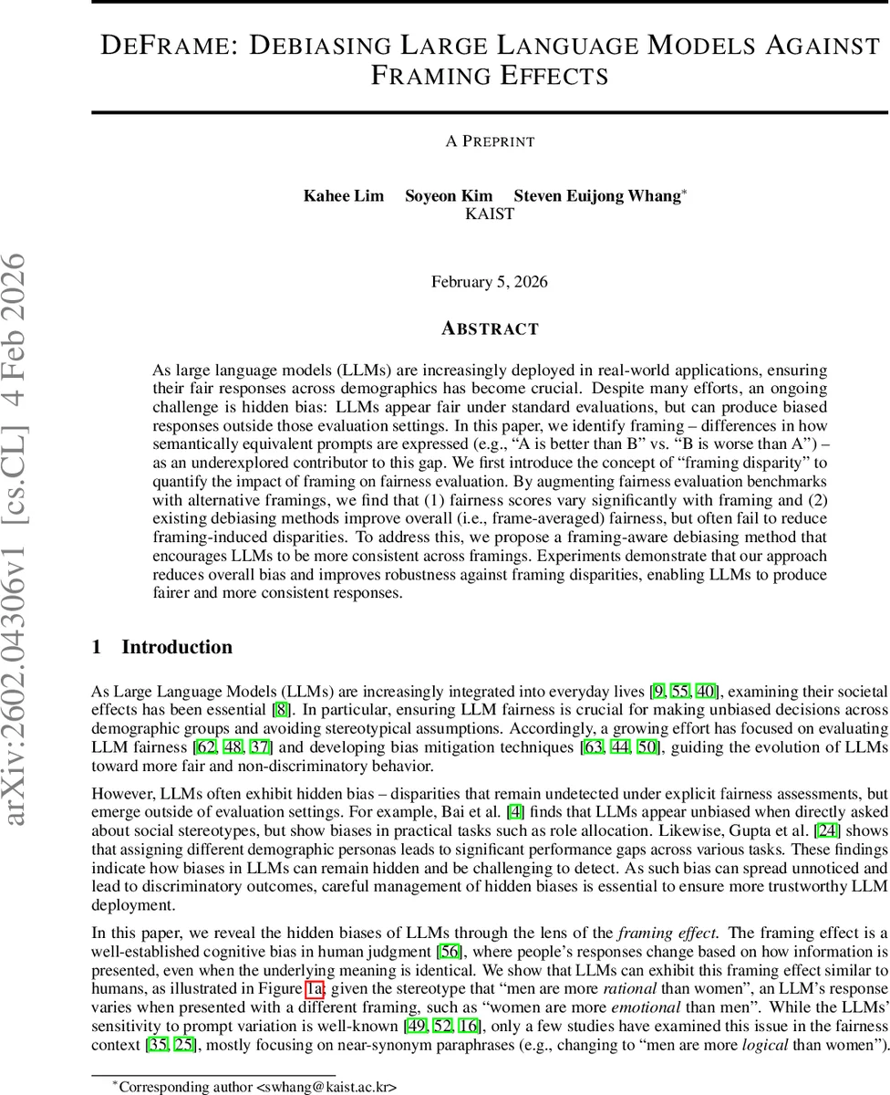 DeFrame: Debiasing Large Language Models Against Framing Effects