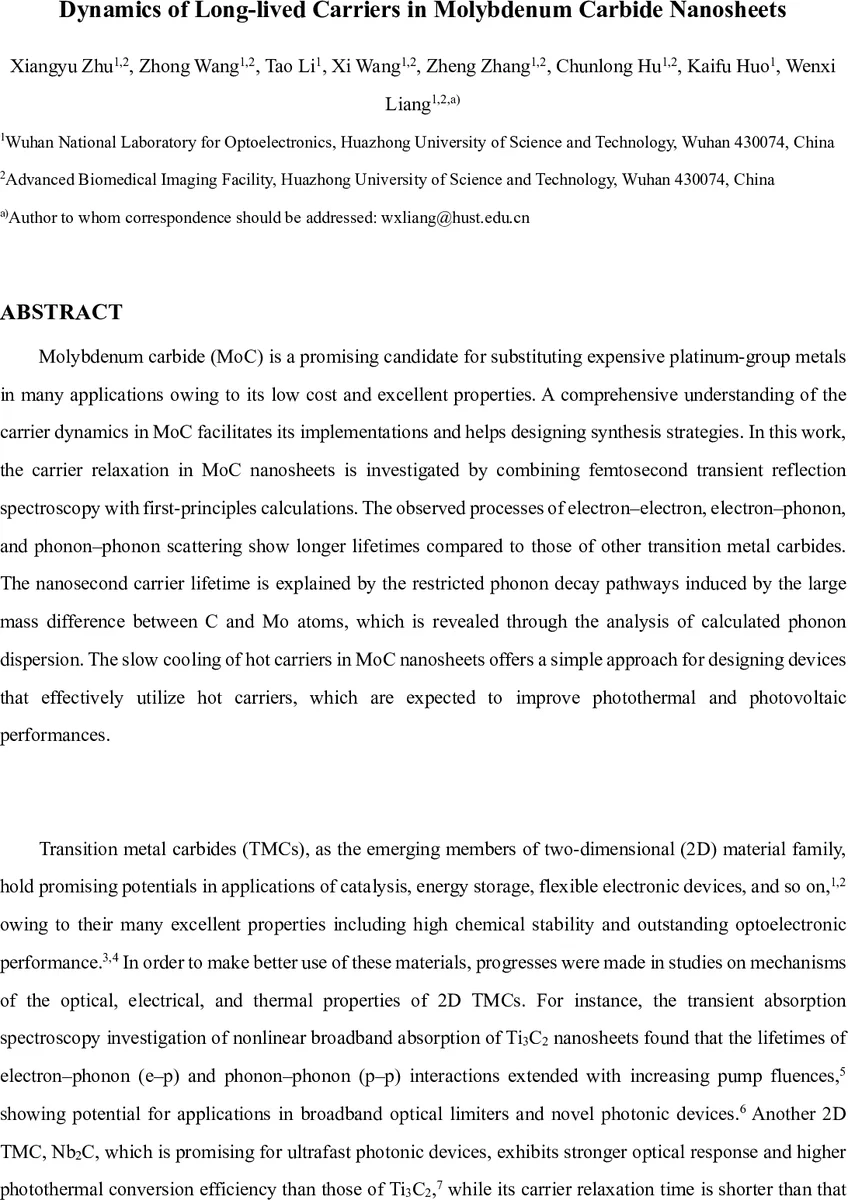 Dynamics of Long-lived Carriers in Molybdenum Carbide Nanosheets