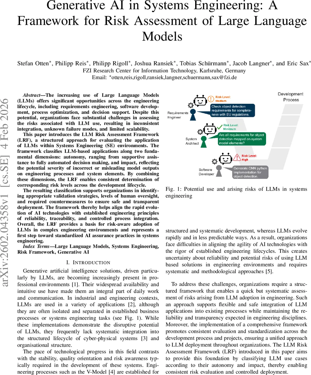 Generative AI in Systems Engineering: A Framework for Risk Assessment of Large Language Models