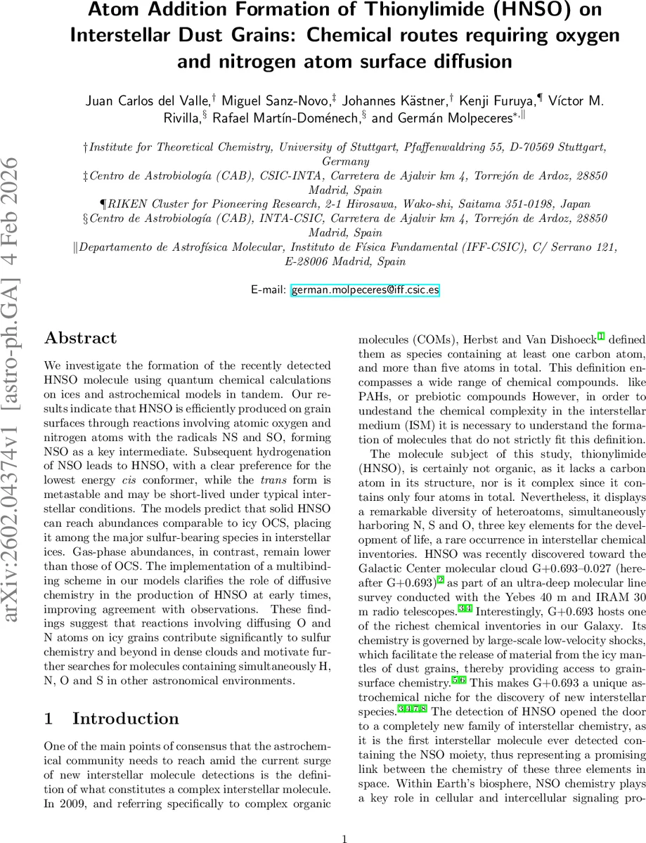 Atom Addition Formation of Thionylimide (HNSO) on Interstellar Dust Grains: Chemical routes requiring oxygen and nitrogen atom surface diffusion