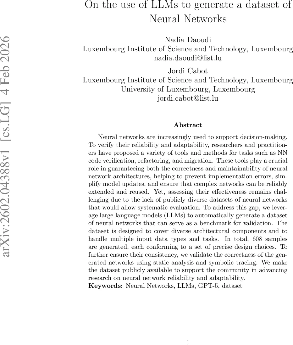 On the use of LLMs to generate a dataset of Neural Networks