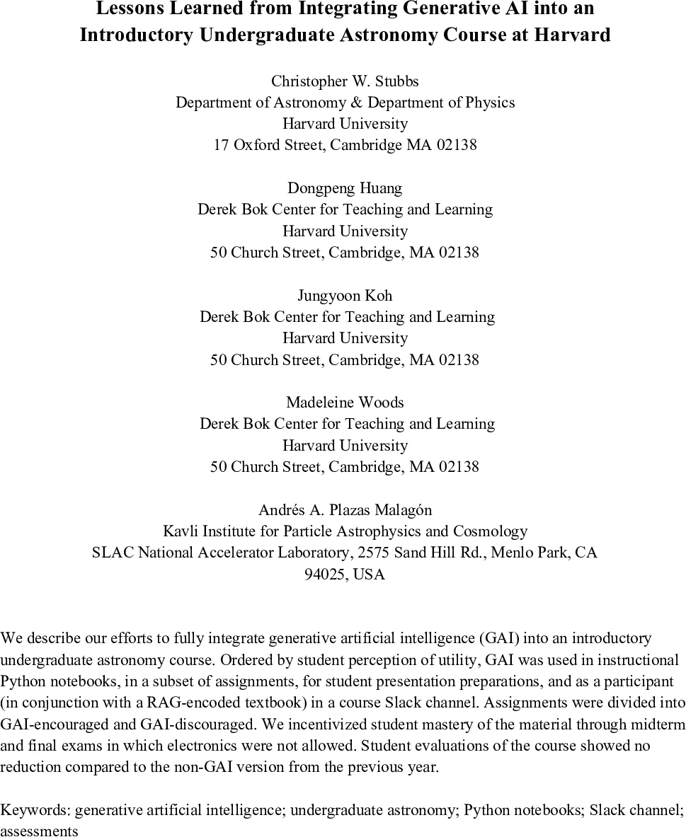 Lessons Learned from Integrating Generative AI into an Introductory Undergraduate Astronomy Course at Harvard
