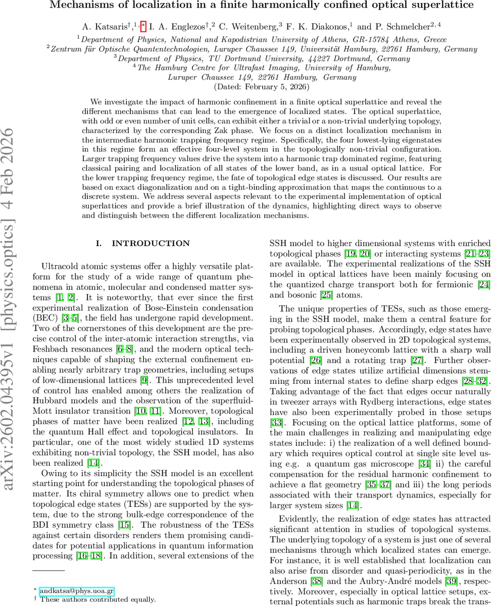 Mechanisms of localization in a finite harmonically confined optical superlattice