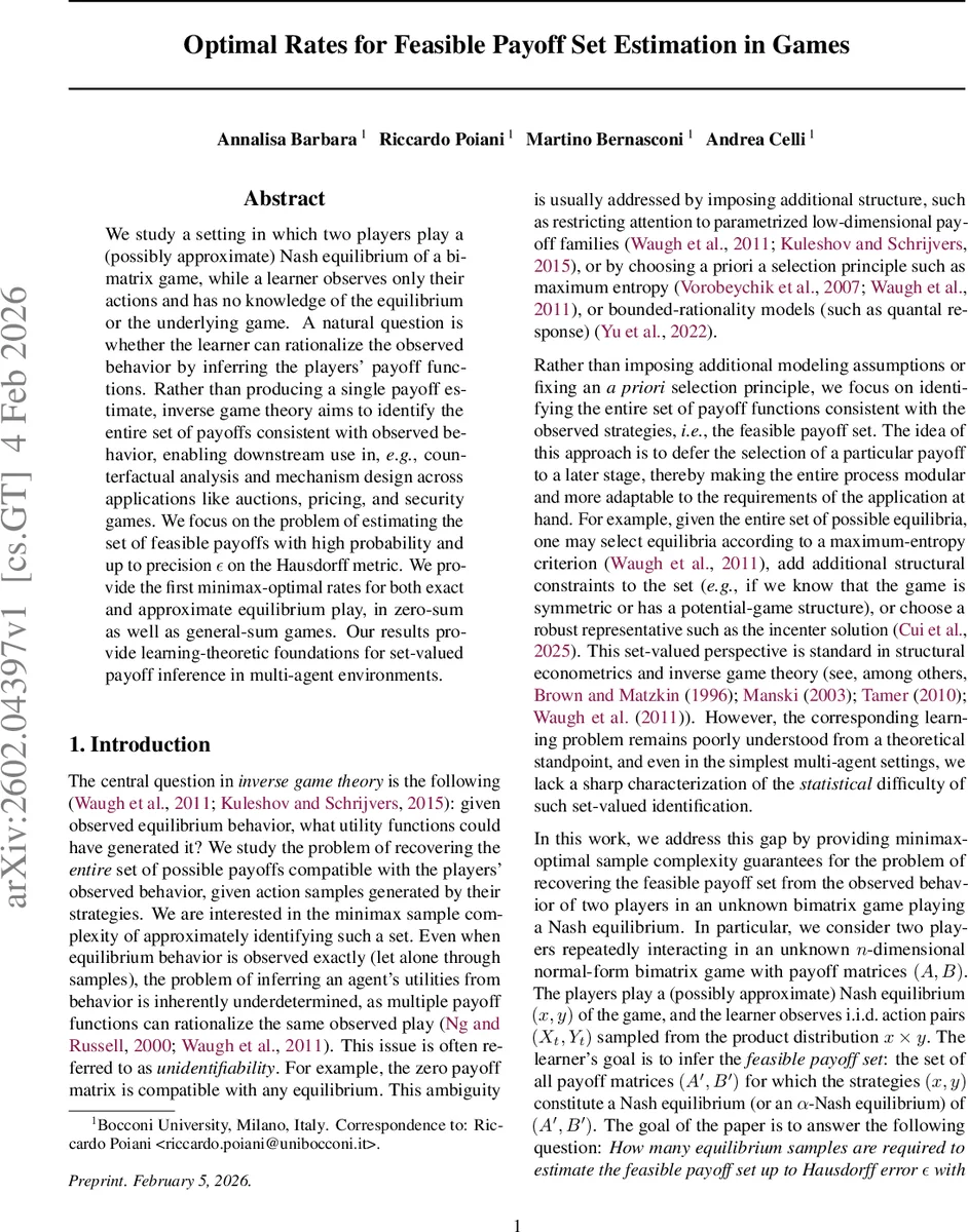 Optimal Rates for Feasible Payoff Set Estimation in Games