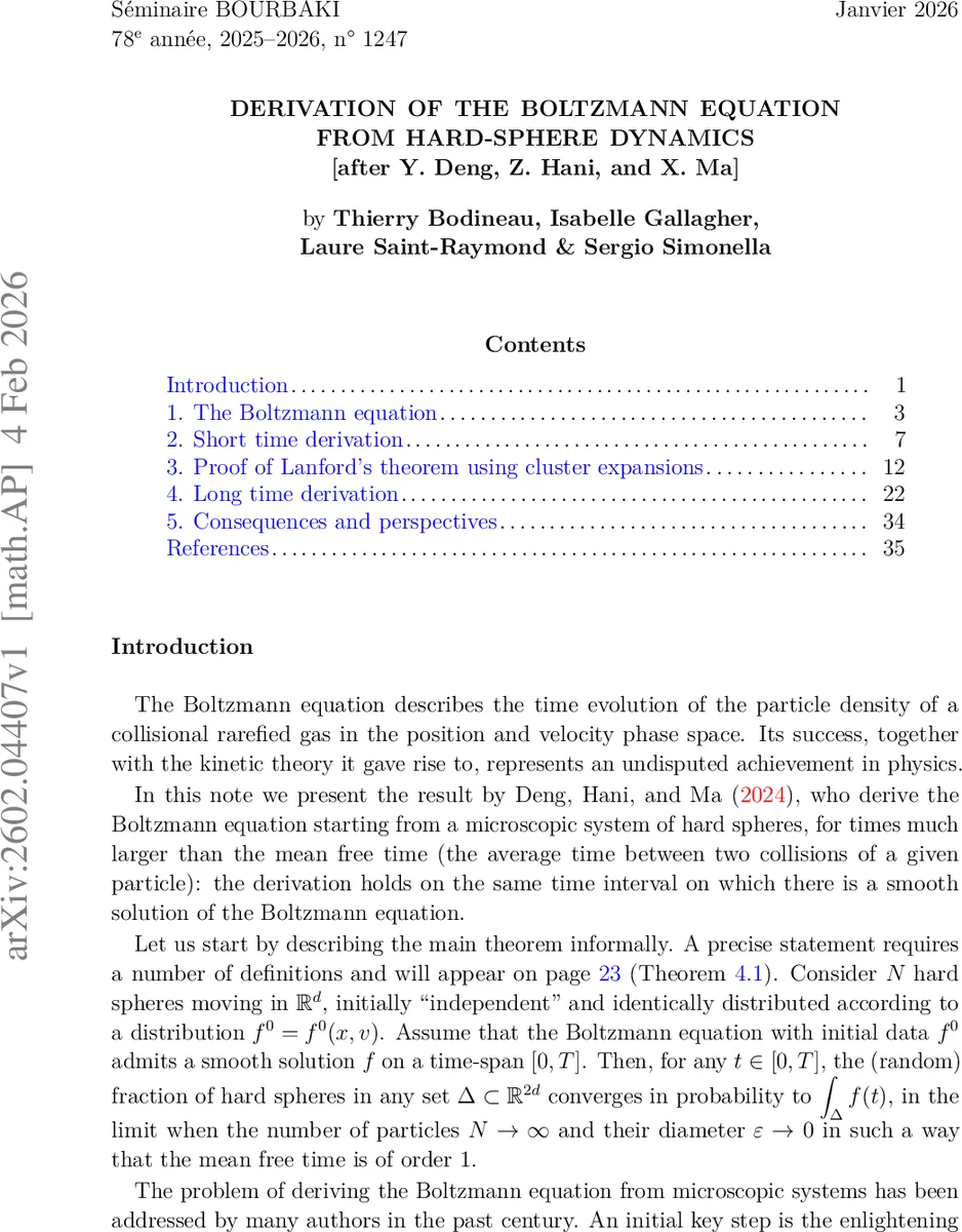 Derivation of the Boltzmann equation from hard-sphere dynamics (after Y. Deng, Z. Hani, and X. Ma)