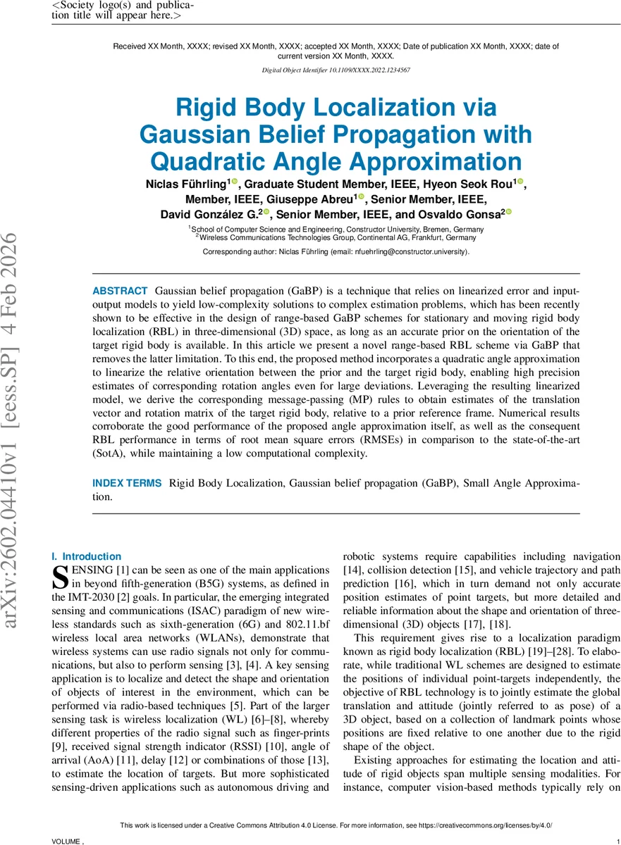 Rigid Body Localization via Gaussian Belief Propagation with Quadratic Angle Approximation