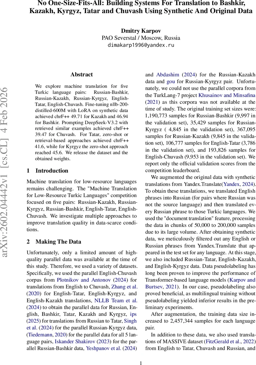 No One-Size-Fits-All: Building Systems For Translation to Bashkir, Kazakh, Kyrgyz, Tatar and Chuvash Using Synthetic And Original Data