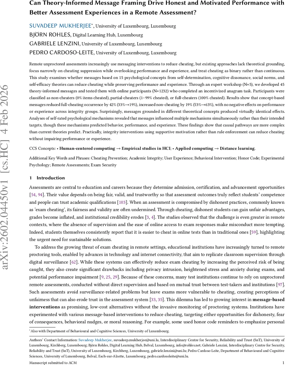 Can Theory-Informed Message Framing Drive Honest and Motivated Performance with Better Assessment Experiences in a Remote Assessment?