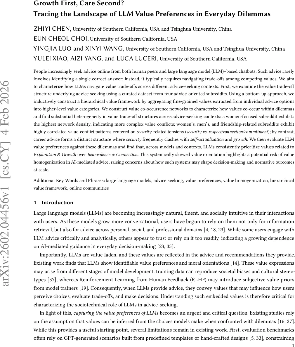 Growth First, Care Second? Tracing the Landscape of LLM Value Preferences in Everyday Dilemmas