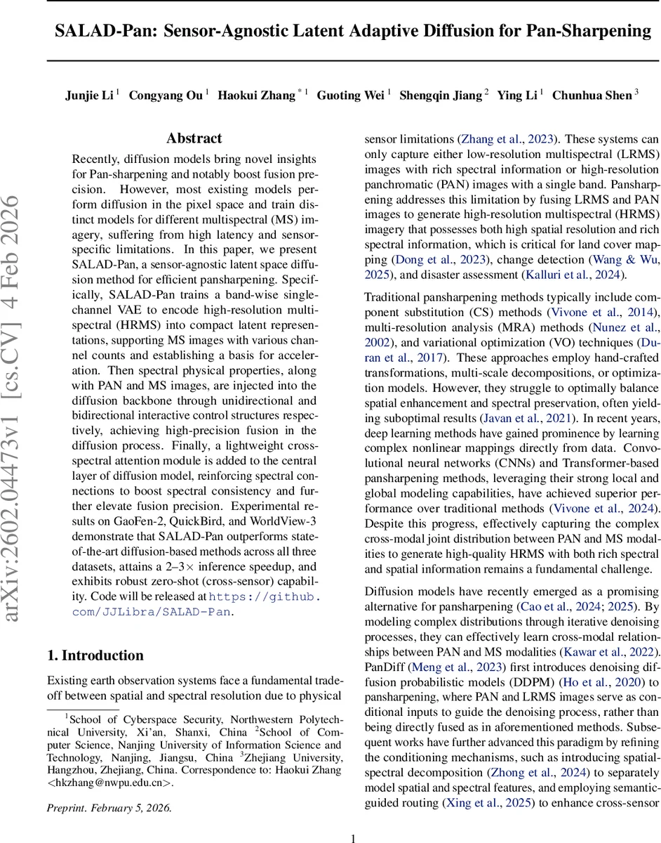 SALAD-Pan: Sensor-Agnostic Latent Adaptive Diffusion for Pan-Sharpening