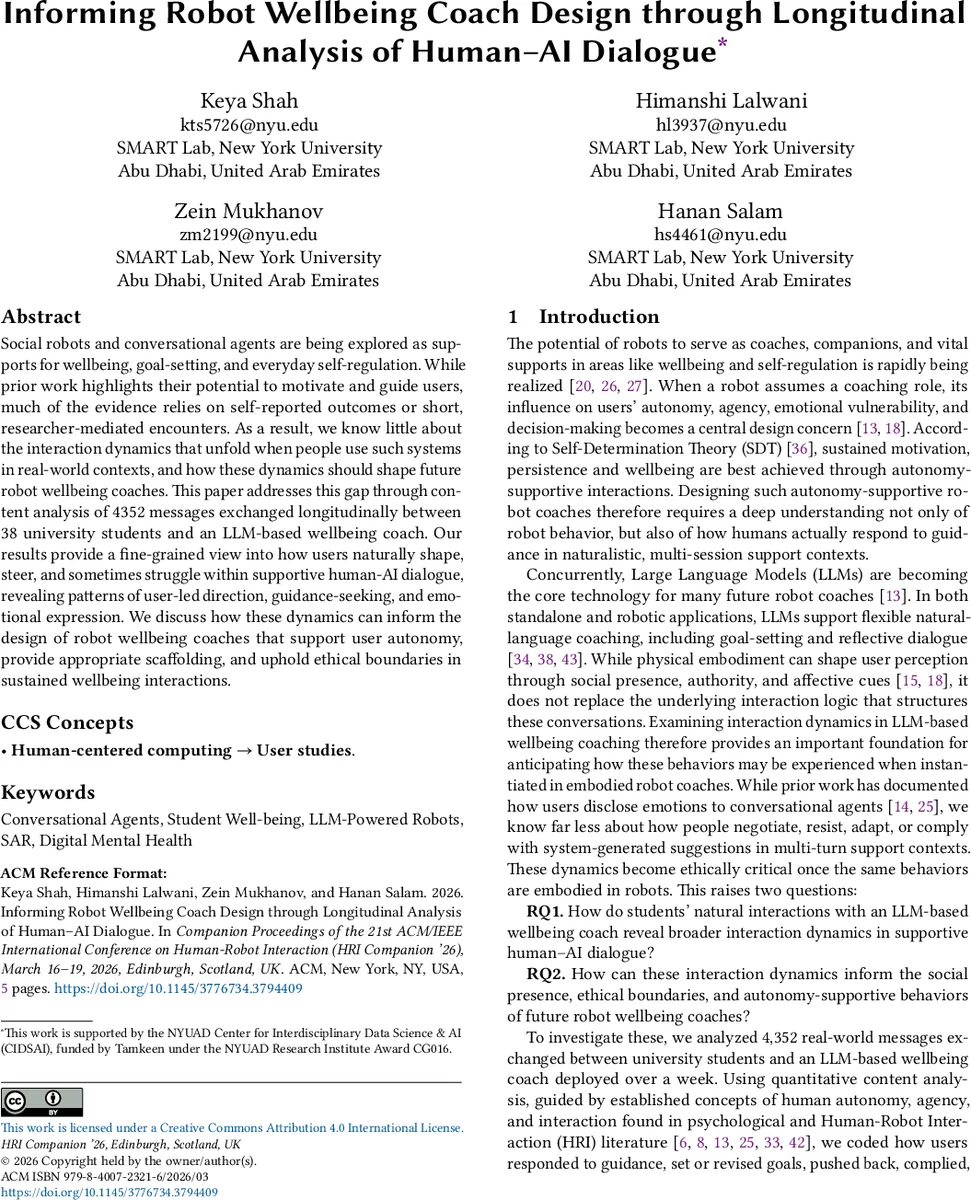 Informing Robot Wellbeing Coach Design through Longitudinal Analysis of Human-AI Dialogue