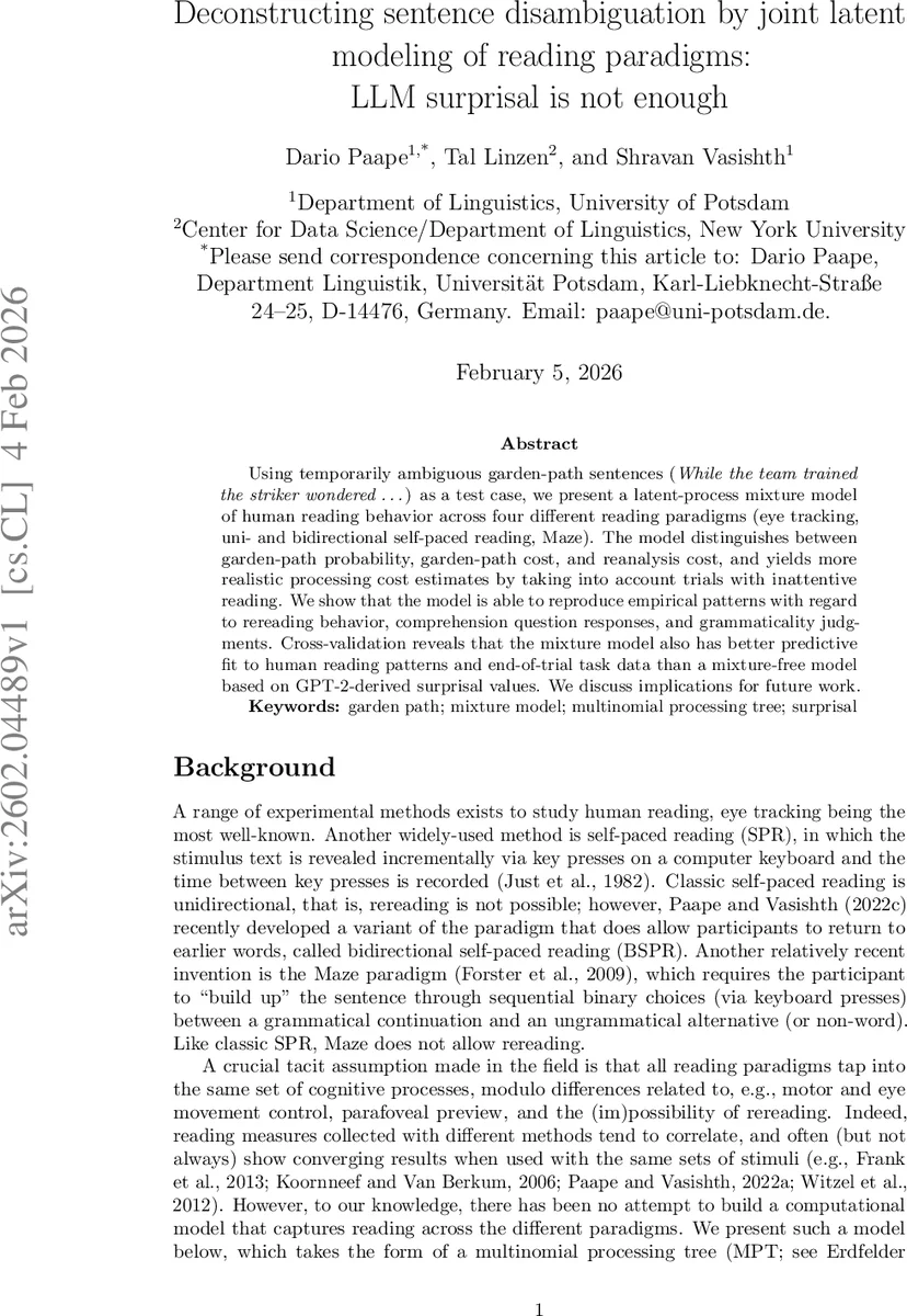 Deconstructing sentence disambiguation by joint latent modeling of reading paradigms: LLM surprisal is not enough