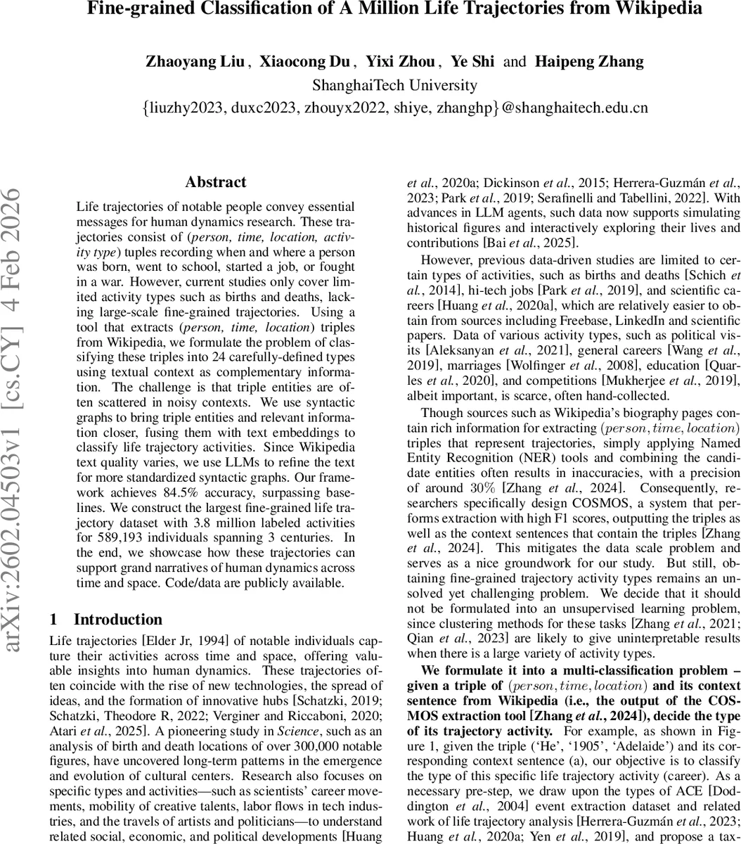 Fine-grained Classification of A Million Life Trajectories from Wikipedia