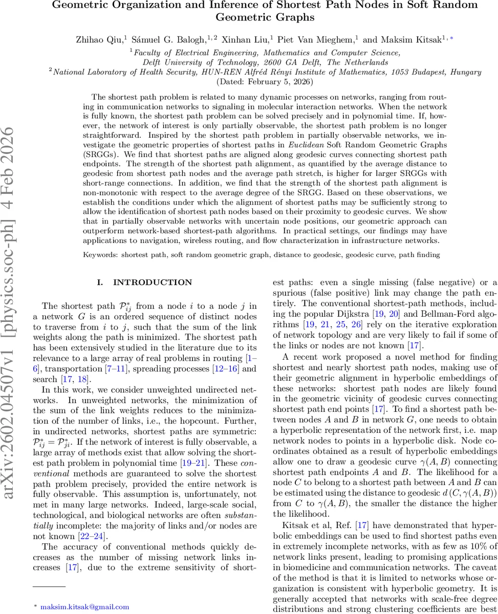 Geometric Organization and Inference of Shortest Path Nodes in Soft Random Geometric Graphs