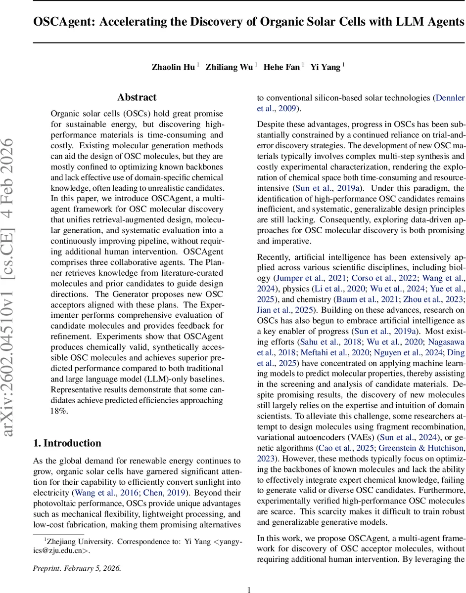 OSCAgent: Accelerating the Discovery of Organic Solar Cells with LLM Agents