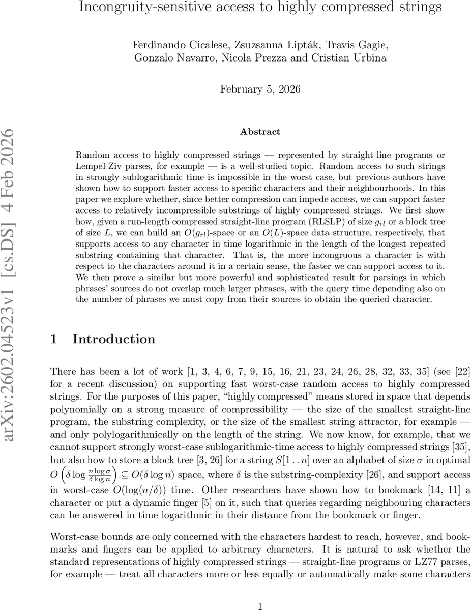 Incongruity-sensitive access to highly compressed strings