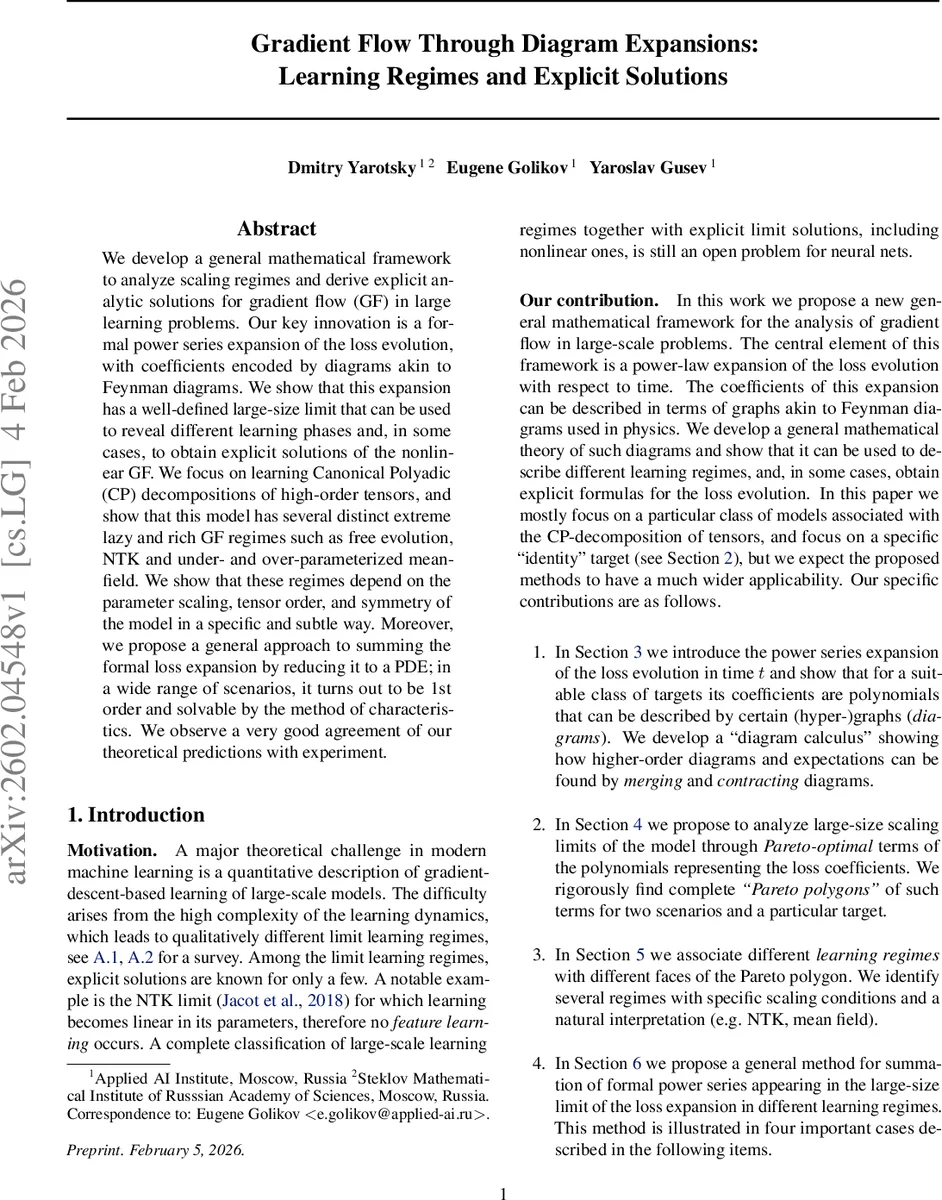 Gradient Flow Through Diagram Expansions: Learning Regimes and Explicit Solutions