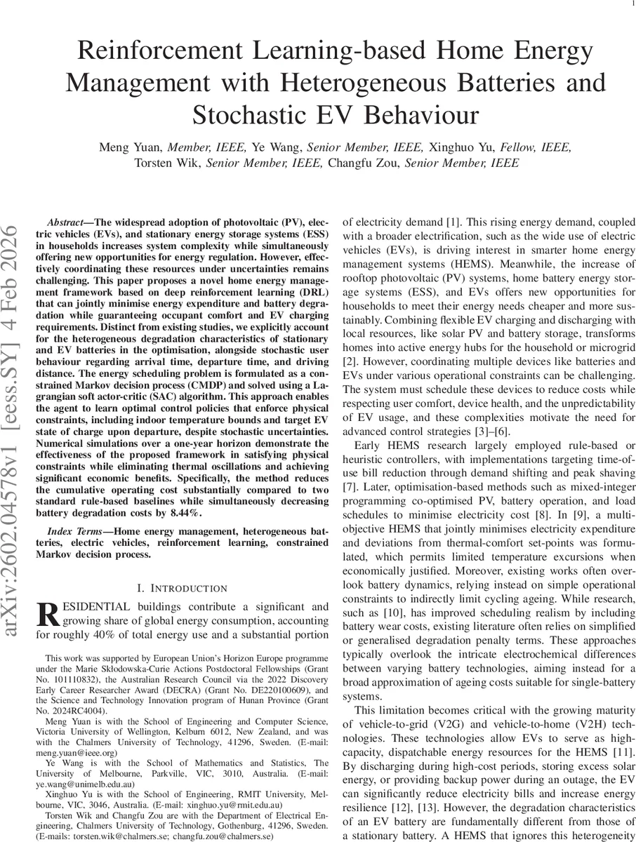 Reinforcement Learning-based Home Energy Management with Heterogeneous Batteries and Stochastic EV Behaviour
