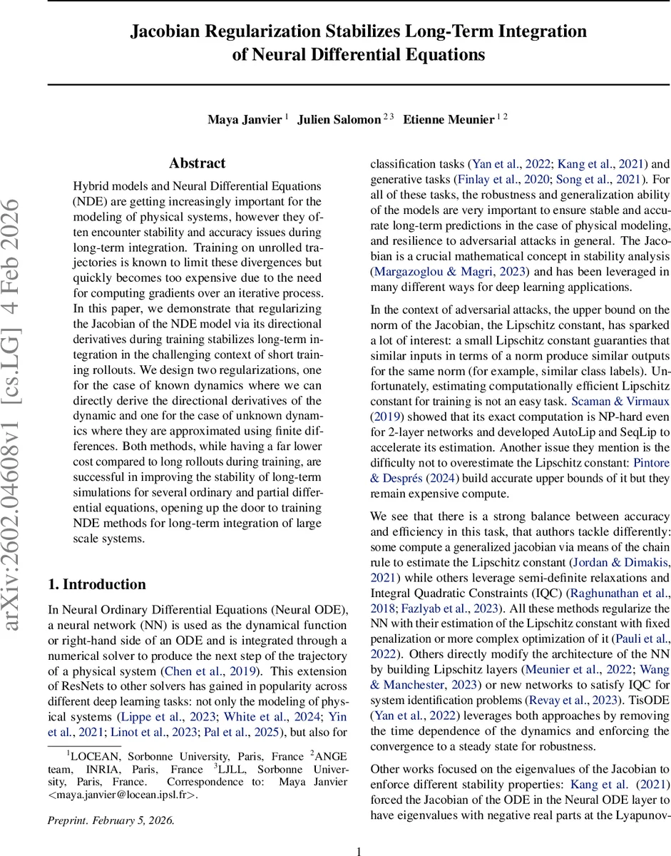 Jacobian Regularization Stabilizes Long-Term Integration of Neural Differential Equations