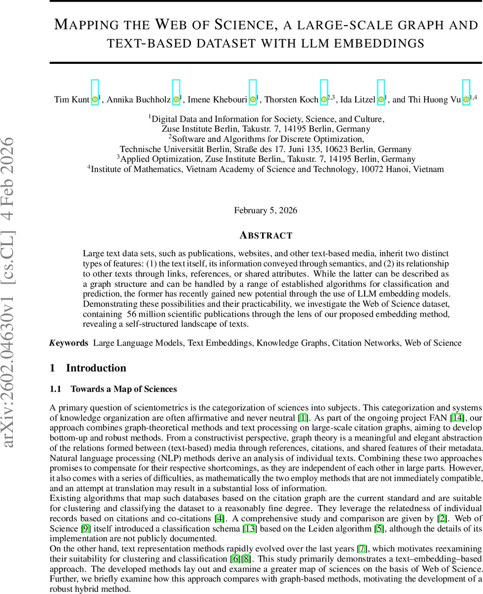 Mapping the Web of Science, a large-scale graph and text-based dataset with LLM embeddings
