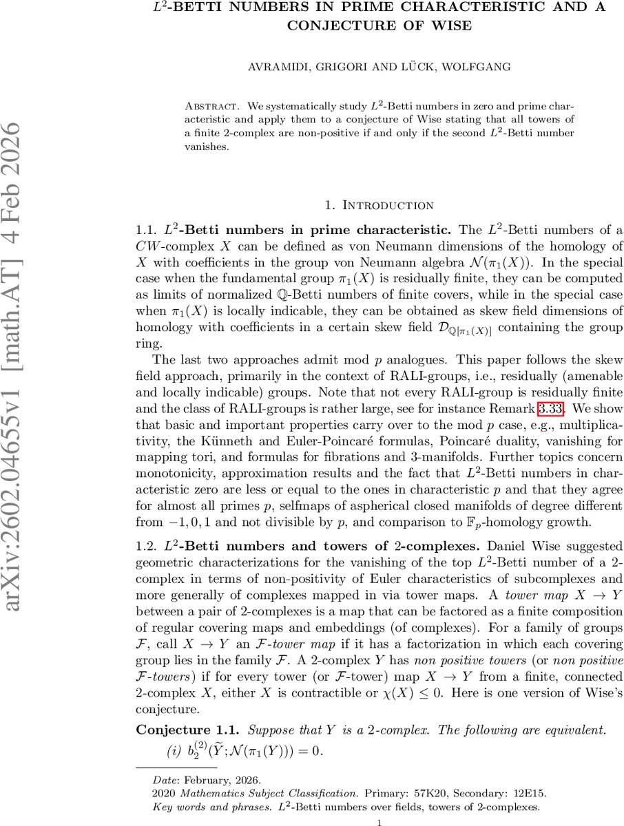 L^2-Betti numbers in prime characteristic and a conjecture of Wise