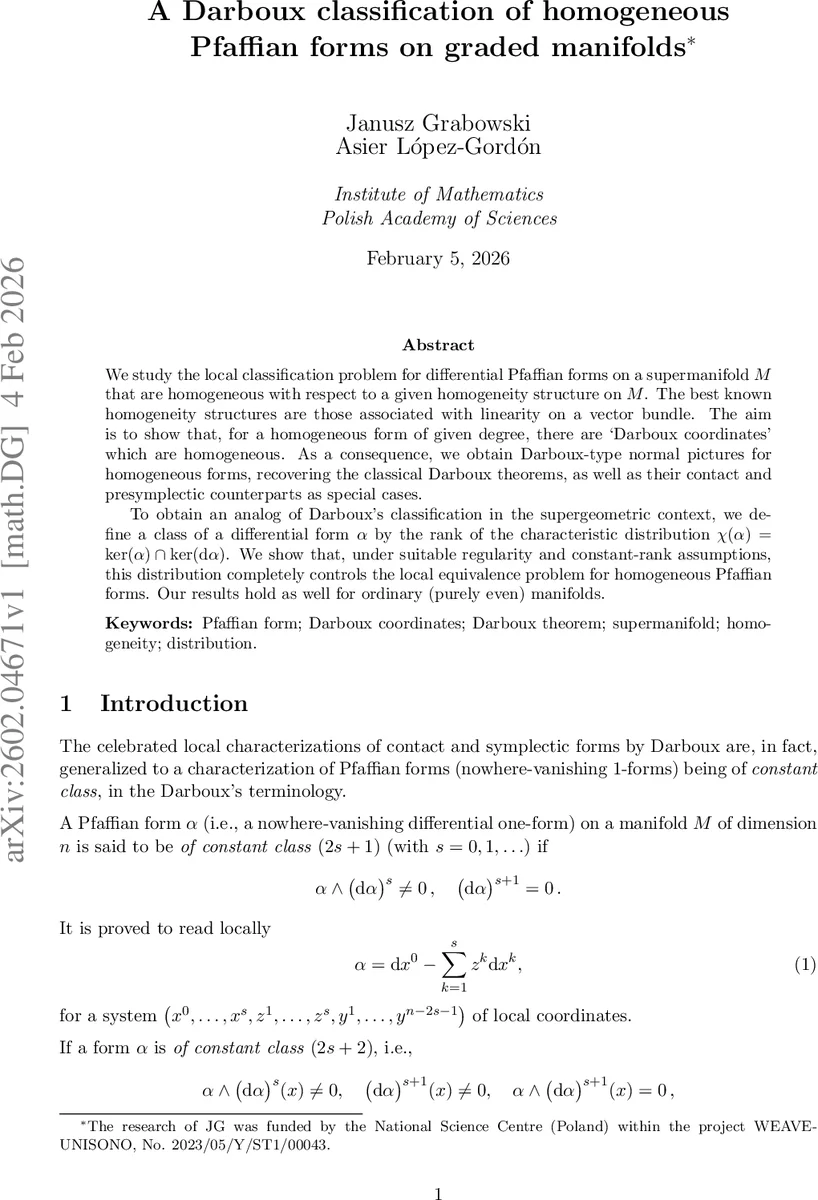 A Darboux classification of homogeneous Pfaffian forms on graded manifolds