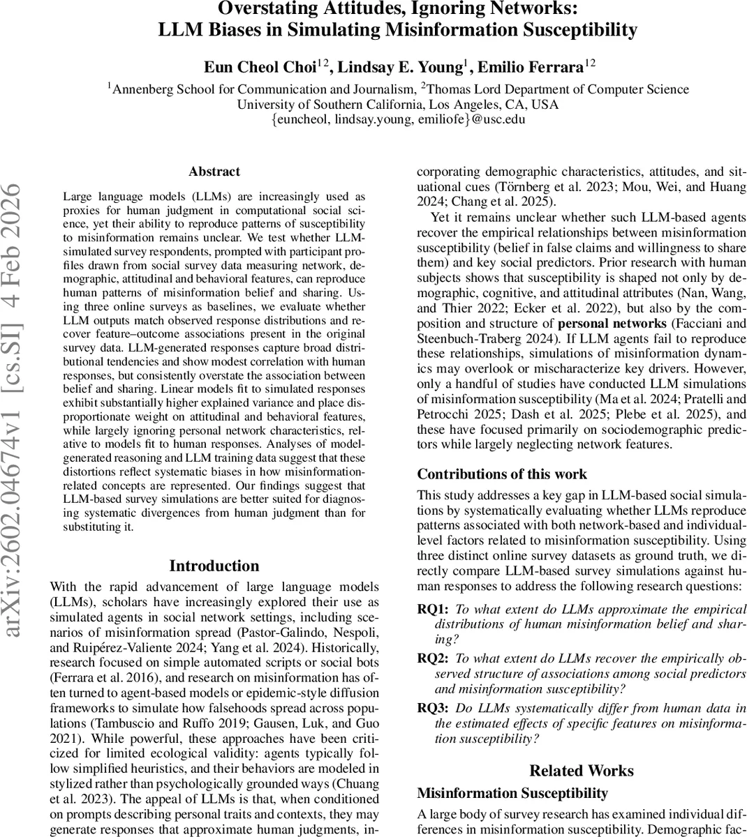 Overstating Attitudes, Ignoring Networks: LLM Biases in Simulating Misinformation Susceptibility